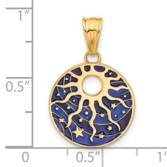 14k Yellow Gold Blue Enamel Sun and Stars Necklace Charm Pendant with Cut-out - Picture 4 of 5